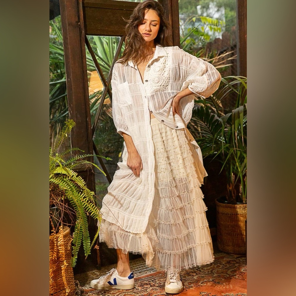 Lace Crochet Patch Button Down Long Shirt In Cream - image 6